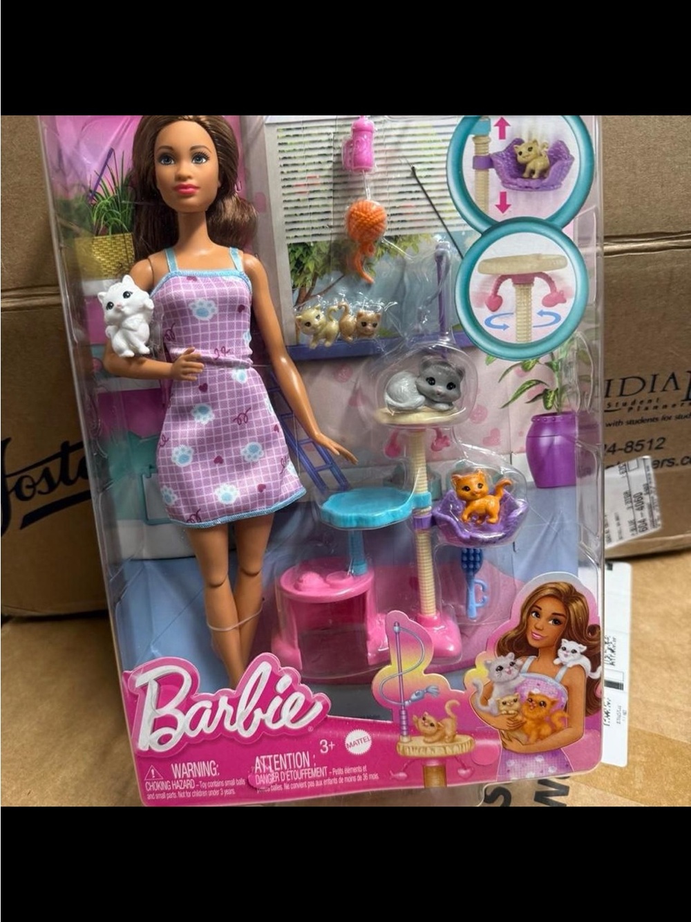 Barbie Doll with Pink & Purple Plaid Dress and Cat Play Tower - Barbie
